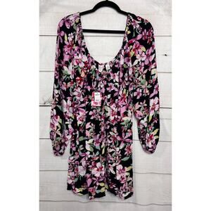 Roxy Sweetest Shores Mini Black Floral Boho V Neck Dress Ladies Large